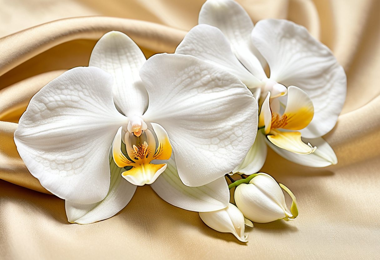 White orchids resting on cream silk