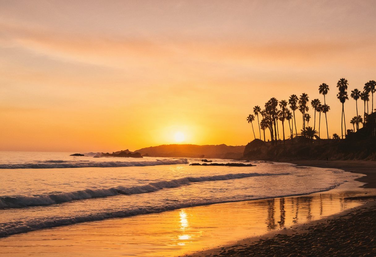 Sunset over the Pacific coast with palm trees