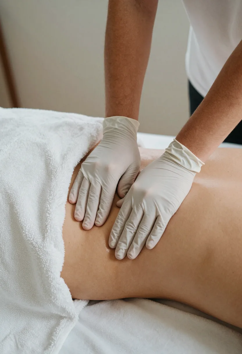 Manos con guantes dan un masaje de drenaje en el abdomen