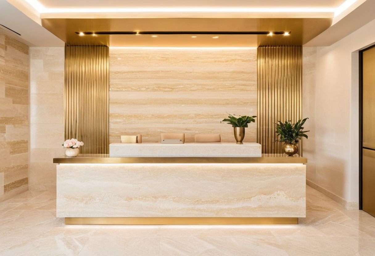 Marble reception desk with plants
