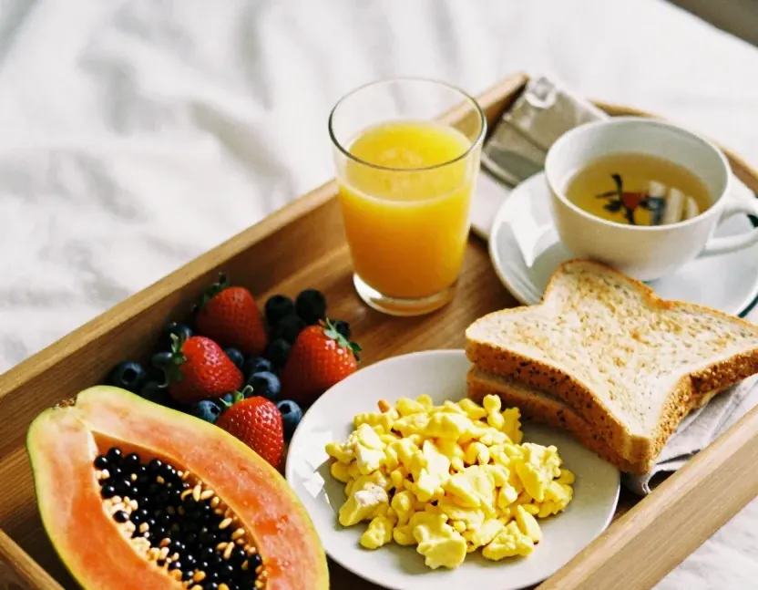 Charola de desayuno con fruta, huevo y pan sobre la cama