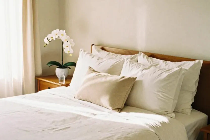 Recámara con cama tendida y una orquídea