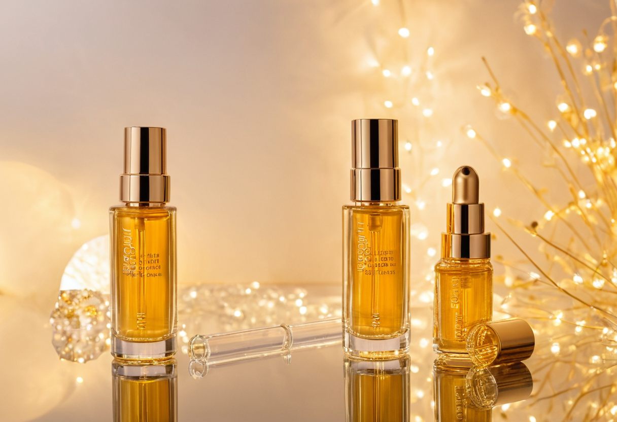 Gold bottles of skincare serum with warm sparkles
