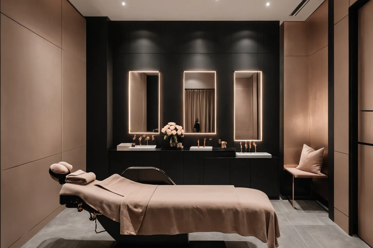 Treatment room with a massage table and lit mirrors