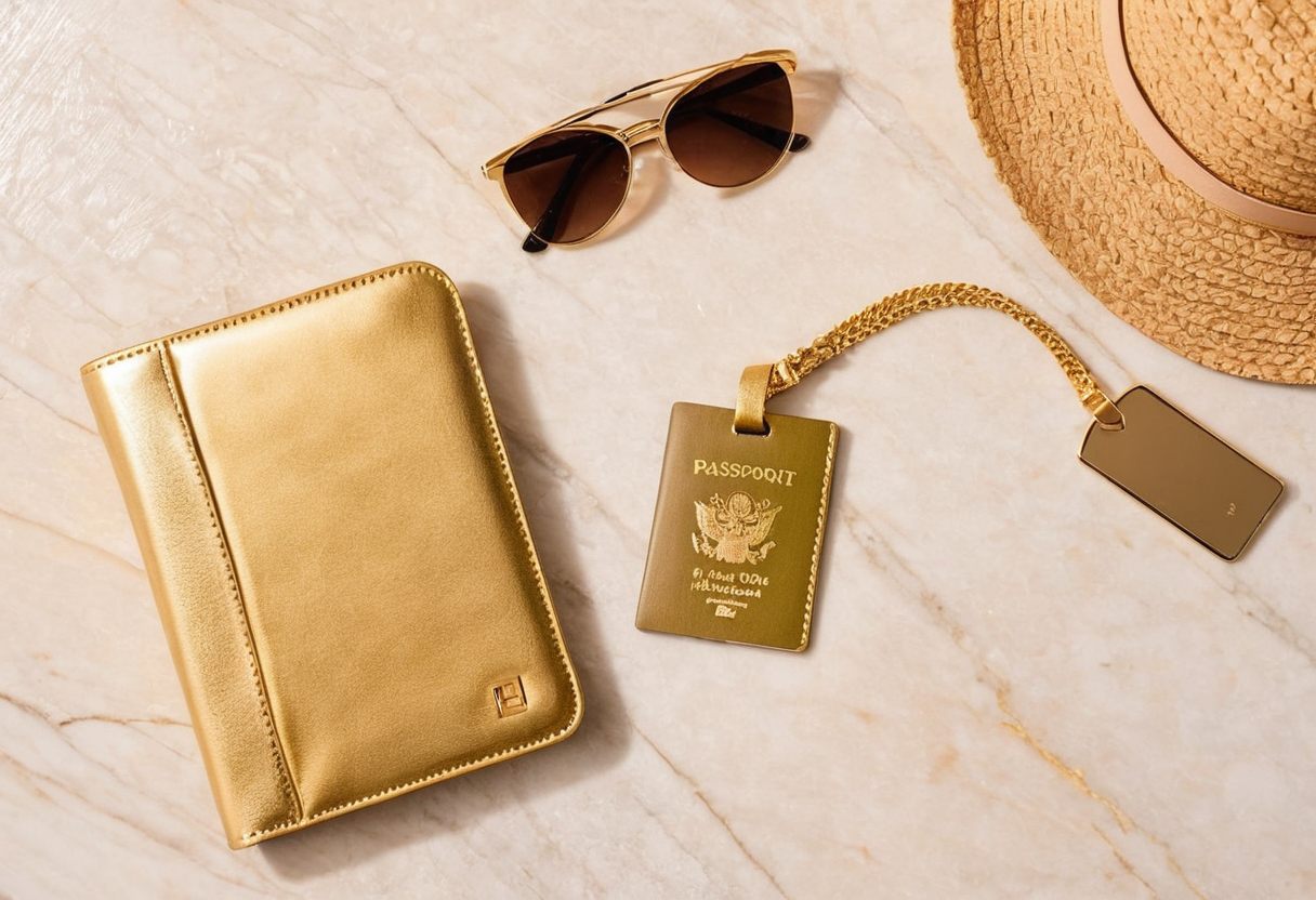 Travel items on a marble surface